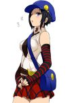  1girl bag belt black_hair blue_eyes elbow_gloves fingerless_gloves gloves hat looking_at_viewer marie_(persona_4) necktie omuraisu_echizen open_mouth persona persona_4 persona_4_the_golden plaid plaid_skirt short_hair shoulder_bag skirt sleeveless solo striped striped_gloves translated 