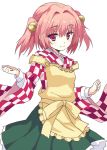  1girl apron bell blush clothes_writing hair_bell hair_ornament japanese_clothes jingle_bell looking_at_viewer motoori_kosuzu rasahan red_eyes redhead short_hair simple_background smile solo touhou twintails white_background wide_sleeves 