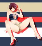  1girl aqua_nails arisawa_kuro arm_support bare_shoulders bracelet breasts brown_hair collarbone high_heels highres jewelry nail_polish navel original pocky short_hair short_shorts shorts sitting solo spread_legs striped striped_background thighs toenail_polish unbuttoned violet_eyes 