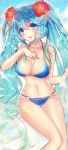  1girl aqua_hair bikini blue_bikini blue_eyes blue_nails blush breasts cleavage clouds flower gradient_hair hair_flower hair_ornament hand_on_own_chest hibiscus jewelry joypyonn large_breasts league_of_legends long_hair lowleg lowleg_bikini multicolored_hair navel necklace pearl_necklace shiny shiny_skin sitting sky solo sona_buvelle sparkle swimsuit thigh_gap thighs twintails very_long_hair 