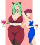  2girls animal_ears belt blue_dress bracelet breasts cat_ears curvy dress glasses green_hair jewelry large_breasts long_hair looking_at_viewer mole multiple_girls necklace pantyhose pine-pine red_dress redhead scarlet_(space_dandy) smile space_dandy supi_(inner_map) thighs wide_hips 
