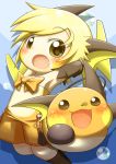  1girl :o arms_behind_head arms_up black_gloves blonde_hair blush bow bubble cafe_(chuu_no_ouchi) collarbone elbow_gloves flat_chest gloves highres looking_at_another open_mouth orange_bow overalls personification pokemon pokemon_(creature) pokemon_(game) raichu solo tail yellow_eyes 