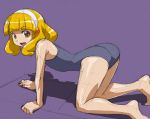  1girl all_fours ass barefoot blonde_hair hairband kise_yayoi looking_at_viewer one-piece_swimsuit open_mouth precure purple_background rohitsuka short_hair sketch smile_precure! solo swimsuit yellow_eyes 