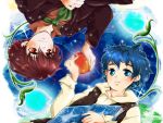  2boys apple blue_eyes blue_hair book campanella_(ginga_tetsudou_no_yoru) flower food formal fruit ginga_tetsudou_no_yoru giovanni_(ginga_tetsudou_no_yoru) multiple_boys necktie night night_sky open_mouth red_eyes redhead rotational_symmetry short_hair sky smile star_(sky) starry_sky suit vest 