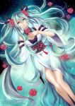 1girl aqua_eyes aqua_hair breasts cleavage dutch_angle floating flower hair_flower hair_ornament hand_on_own_chest hatsune_miku large_breasts long_hair looking_at_viewer lying obi on_back parted_lips red_rose ripples rose sash sleeves_past_wrists smile solo ten-chan_(eternal_s) very_long_hair vocaloid water watermark wide_sleeves 