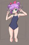  1girl bow brown_background competition_school_swimsuit double_bun double_v hair_bow looking_at_viewer manaka_lala one-piece_swimsuit puri_para purple_hair rohitsuka school_swimsuit short_hair smile solo swimsuit v 