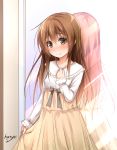  1girl alternate_costume alternate_hairstyle artist_name blush brown_eyes brown_hair casual dress hand_on_own_chest haryuu_(poetto) inazuma_(kantai_collection) kantai_collection long_sleeves looking_at_viewer reflection skirt_hold smile solo 