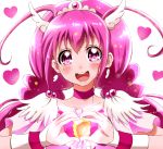  1girl :d antenna_hair blush choker cure_happy earrings head_wings heart heart_hands hoshizora_miyuki jewelry long_hair magical_girl open_mouth pink_eyes pink_hair precure shogo_(4274732) simple_background smile smile_precure! solo tiara twintails white_background 