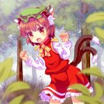  1girl :d animal_ears brown_hair cat_ears cat_tail chen fang forest frilled_skirt frills mob_cap multiple_tails nature open_mouth red_eyes sakana_takahashi shirt short_hair skirt smile tail touhou vest 