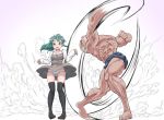  1boy 1girl black_legwear blonde_hair gachon_jirou grappler_baki green_eyes green_hair jack_hammer long_hair mary_janes muscle panties pantyshot pantyshot_(standing) shoes short_hair standing thigh-highs underwear very_short_hair white_panties 