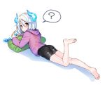  1boy ? bike_shorts blush erubo hoodie horn horns lying original pillow red_eyes silver_hair 