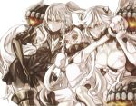  3girls aircraft_carrier_oni bare_shoulders black_dress boots breasts chromatic_aberration cleavage covered_mouth dress gauntlets gloves hand_on_another&#039;s_head holding_hand horns kantai_collection long_hair machinery midway_hime mittens multiple_girls northern_ocean_hime one_side_up red_eyes sailor_collar sailor_dress shinkaisei-kan thigh-highs thigh_boots white_background white_dress white_gloves white_hair yamacyu 