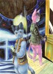  animalization blue_eyes campanella_(ginga_tetsudou_no_yoru) cat cat_focus formal ginga_tetsudou_no_yoru giovanni_(ginga_tetsudou_no_yoru) konomoto open_mouth red_eyes sky star_(sky) starry_sky suit tail traditional_media train train_interior vest 