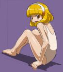  1girl barefoot blonde_hair hairband kise_yayoi looking_at_viewer one-piece_swimsuit open_mouth precure purple_background rohitsuka short_hair sitting sketch smile_precure! solo swimsuit white_swimsuit yellow_eyes 