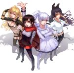  4girls black_hair blake_belladonna blonde_hair bojue_yu_yaojing_695657 boots bow breasts cape cleavage dress hair_bow long_hair multiple_girls one_eye_closed outstretched_arm pantyhose ponytail redhead ruby_rose rwby short_hair smile thigh-highs thigh_boots weiss_schnee white_hair yang_xiao_long yellow_eyes 