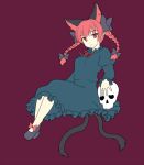  1girl animal_ears braid cat_ears cat_tail dress frilled_dress frilled_sleeves frills gomi_(gomitin) kaenbyou_rin long_sleeves multiple_tails purple_background red_eyes redhead skull smile tail touhou twin_braids 