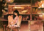  1girl aquarium barefoot black_hair book bookshelf chair drinking_glass feet_on_chair fish gemi grey_eyes lamp legs_up looking_at_viewer original plant potted_plant shirt short_sleeves shorts side sitting solo 