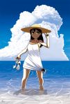  1girl bare_shoulders barefoot beach black_hair clouds dress feet_in_water green_eyes hat high_heels holding holding_shoes horizon long_hair ocean original ripples sandals shoes_removed short_dress sky sleeveless smile soaking_feet solo standing sun_hat tied_dress v wading water white_dress 