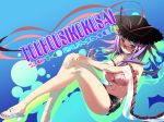  1girl adapted_costume anklet bare_legs bespectacled blush breasts cleavage glasses hands_on_knees hat jewelry looking_at_viewer nagae_iku off_shoulder purple_hair red_eyes sandals short_hair sitting solo sweat swimsuit tongue tongue_out touhou wakanita 