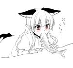  1girl animal_ears cat_ears cat_tail dress fish frilled_sleeves frills gomi_(gomitin) kaenbyou_rin long_hair long_sleeves multiple_tails pointy_ears red_eyes sexually_suggestive spot_color tail tears touhou translated 