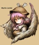  1girl animal_ears brown_background bust character_name hat looking_at_viewer mystia_lorelei pink_hair red_eyes short_hair solo touhou wings youkai 