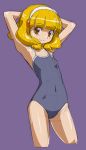  1girl armpits arms_behind_head blonde_hair competition_school_swimsuit hairband kise_yayoi looking_at_viewer one-piece_swimsuit precure purple_background rohitsuka short_hair sketch smile smile_precure! solo swimsuit yellow_eyes 