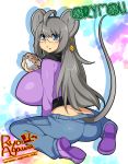  1girl :t agawa_ryou ahoge animal_ears artist_name ass blue_eyes breasts character_name commentary cupcake earrings eating food food_on_face glasses grey_hair huge_breasts jewelry long_hair looking_at_viewer looking_back mouse_ears mouse_tail muffin silhouette sitting solo tagme tail wariza watermark web_address 
