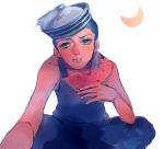  1boy baiyishaonian_huam blue_eyes crescent_moon dixie_cup_hat eating food fruit higashikata_jousuke_(jojolion) jojo_no_kimyou_na_bouken jojolion lowres moon solo tank_top watermelon 