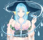  1girl bare_shoulders between_breasts blue_eyes blue_hair breasts front_ponytail hair_between_breasts hat highres long_hair looking_at_viewer magi_the_labyrinth_of_magic shell shell_bikini smile solo wenlu_an witch_hat yamuraiha 
