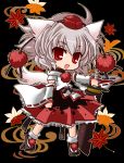  1girl animal_ears chibi chino_(ch_no) detached_sleeves geta hat holding inubashiri_momiji looking_at_viewer open_mouth pom_pom_(clothes) red_eyes ribbon-trimmed_sleeves ribbon_trim short_hair silver_hair solo sword tagme tail tokin_hat touhou weapon wolf_ears wolf_tail 