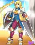  1girl agawa_ryou agrias_oaks armor artist_name blonde_hair breasts character_name cleavage cleavage_cutout commentary final_fantasy final_fantasy_tactics gloves high_heels large_breasts red_eyes shield solo standing sword typo weapon 