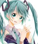  1girl aqua_eyes aqua_hair asuku_(69-1-31) bracelet detached_sleeves hatsune_miku heart jewelry long_hair looking_at_viewer necktie simple_background solo twintails vocaloid white_background 