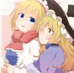  2girls adapted_costume alice_margatroid aoi_(annbi) blonde_hair blue_dress blue_eyes bust capelet dress grin hairband hat hug hug_from_behind kirisame_marisa long_sleeves multiple_girls open_mouth scarf smile touhou witch_hat yellow_eyes 