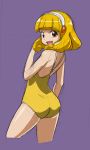  1girl ass blonde_hair hairband kise_yayoi looking_at_viewer one-piece_swimsuit open_mouth precure purple_background rohitsuka short_hair sketch smile smile_precure! solo swimsuit yellow_eyes yellow_swimsuit 