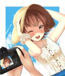  1girl ;d arms_up blush brown_eyes brown_hair camera clouds hands_on_headwear hat kinugasa_yuuichi looking_at_viewer one_eye_closed open_mouth original pov scrunchie short_hair sky sleeveless smile solo straw_hat wrist_scrunchie 