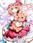  1girl absurdres asymmetrical_hair asymmetrical_wings blonde_hair dress flandre_scarlet highres looking_at_viewer mob_cap object_hug puffy_short_sleeves puffy_sleeves red_dress red_eyes short_hair short_sleeves side_ponytail smile solo stuffed_animal stuffed_toy teddy_bear thigh-highs touhou umi_no_suzuka wings zettai_ryouiki 