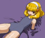  1girl bikini blonde_hair hairband kise_yayoi looking_at_viewer one-piece_swimsuit open_mouth partially_submerged precure purple_background rohitsuka short_hair sketch smile_precure! solo swimsuit yellow_eyes 