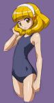  1girl blonde_hair hairband kise_yayoi looking_at_viewer one-piece_swimsuit precure purple_background rohitsuka short_hair sketch smile_precure! solo swimsuit yellow_eyes 