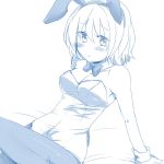  1girl alice_margatroid alternate_costume animal_ears aoi_(annbi) bare_arms bare_shoulders blush bow breasts bunny_girl bunnysuit cleavage leotard monochrome pantyhose rabbit_ears sitting solo touhou 