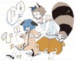  ! /\/\/\ 2girls animal_ears asasui brown_eyes brown_hair dress futatsuiwa_mamizou glasses gourd green_eyes green_hair kasodani_kyouko leaf leaf_on_head lifting multiple_girls pince-nez raccoon_ears raccoon_tail spoken_exclamation_mark tail touhou translated 