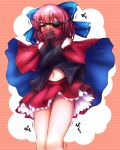  1girl blush bow cape commentary_request crossed_arms eyepatch hair_bow long_sleeves midriff navel red_eyes redhead sekibanki shirt skirt solo t.m_(aqua6233) touhou 