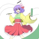  1girl :d brush flower frilled_skirt frills gomi_(gomitin) hair_flower hair_ornament hieda_no_akyuu japanese_clothes kimono obi open_mouth purple_hair sash scroll short_hair skirt smile touhou violet_eyes 