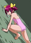  1girl ahoge ass barefoot bow breath green_background hair_bow hoshizora_miyuki looking_at_viewer one-piece_swimsuit pink_eyes pink_hair pink_swimsuit precure rohitsuka short_hair smile_precure! solo sweat swimsuit 