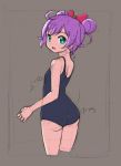  1girl ass bow brown_background double_bun green_eyes hair_bow looking_at_viewer manaka_lala open_mouth puri_para purple_hair rohitsuka school_swimsuit short_hair sketch solo swimsuit 
