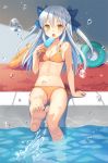  1girl :o barefoot bikini bow breasts cleavage feet_in_water hair_bow half_updo kurasawa_moko long_hair looking_at_viewer open_mouth orange_bikini original popsicle side-tie_bikini silver_hair sitting soaking_feet solo splashing swimsuit two_side_up water yellow_eyes 