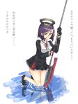  1girl black_dress black_gloves dress gensei_ruri glaive gloves highres kantai_collection kneeling kneeling_on_water looking_at_viewer mechanical_halo polearm puddle purple_hair reflection short_hair smile solo tatsuta_(kantai_collection) translation_request violet_eyes water weapon 