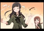  2girls \m/ bangs black_hair blunt_bangs blush brown_eyes brown_hair closed_eyes comb hair_down kantai_collection kitakami_(kantai_collection) long_hair multiple_girls nasamuto ooi_(kantai_collection) open_mouth school_uniform serafuku smile spinning 