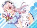  1girl ;d asahi_yanagi between_breasts blush bow breasts garter_straps headphones large_breasts long_hair looking_at_viewer macaron microphone microphone_stand nitroplus one_eye_closed open_mouth pink_hair red_eyes smile solo super_sonico vertical_stripes 