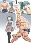  1boy 1girl black_legwear comic gachon_jirou grappler_baki green_eyes green_hair jack_hammer long_hair muscle scar short_hair stance thigh-highs translated very_short_hair 