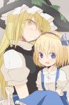  2girls age_difference alice_margatroid alice_margatroid_(pc-98) aoi_(annbi) black_dress blonde_hair blue_eyes dress hair_over_one_eye hair_ribbon hat kirisame_marisa multiple_girls open_mouth puffy_short_sleeves puffy_sleeves ribbon shirt short_sleeves skirt smile suspenders touhou touhou_(pc-98) witch_hat yellow_eyes younger 